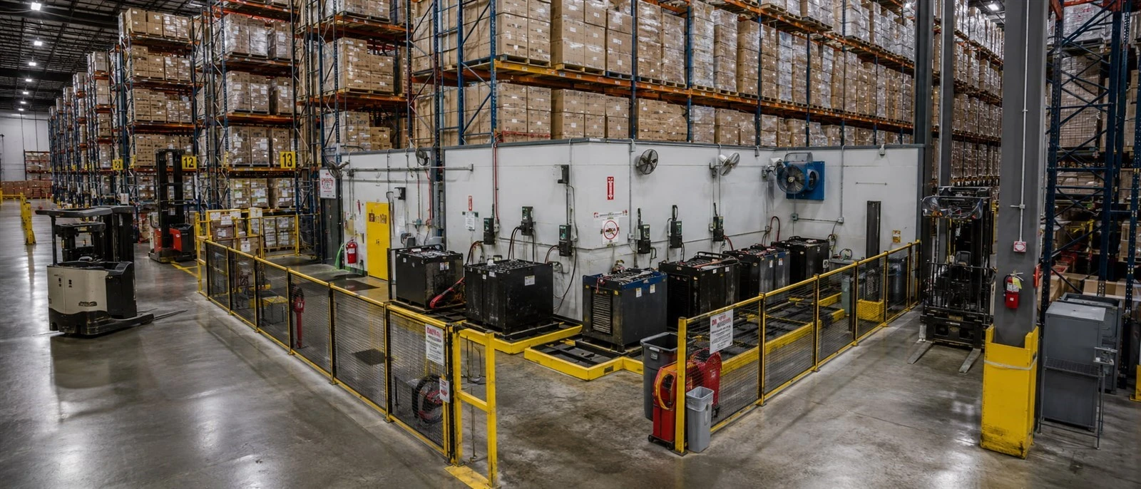 Lead-acid forklift battery charging room occupying warehouse floor space behind yellow safety barriers, with high-density storage racking in background - illustrating the opportunity cost covered in the TCO analysis. Lead-acid forklift battery charging room occupying warehouse floor space behind yellow safety barriers, with high-density storage racking in background - illustrating the opportunity cost covered in the TCO analysis.